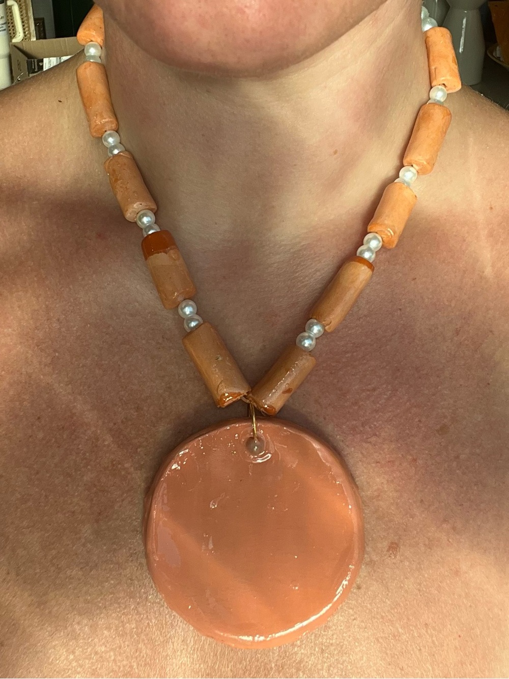 Teracotta Ceramic Pendant Necklace with Pearl Bead Accents